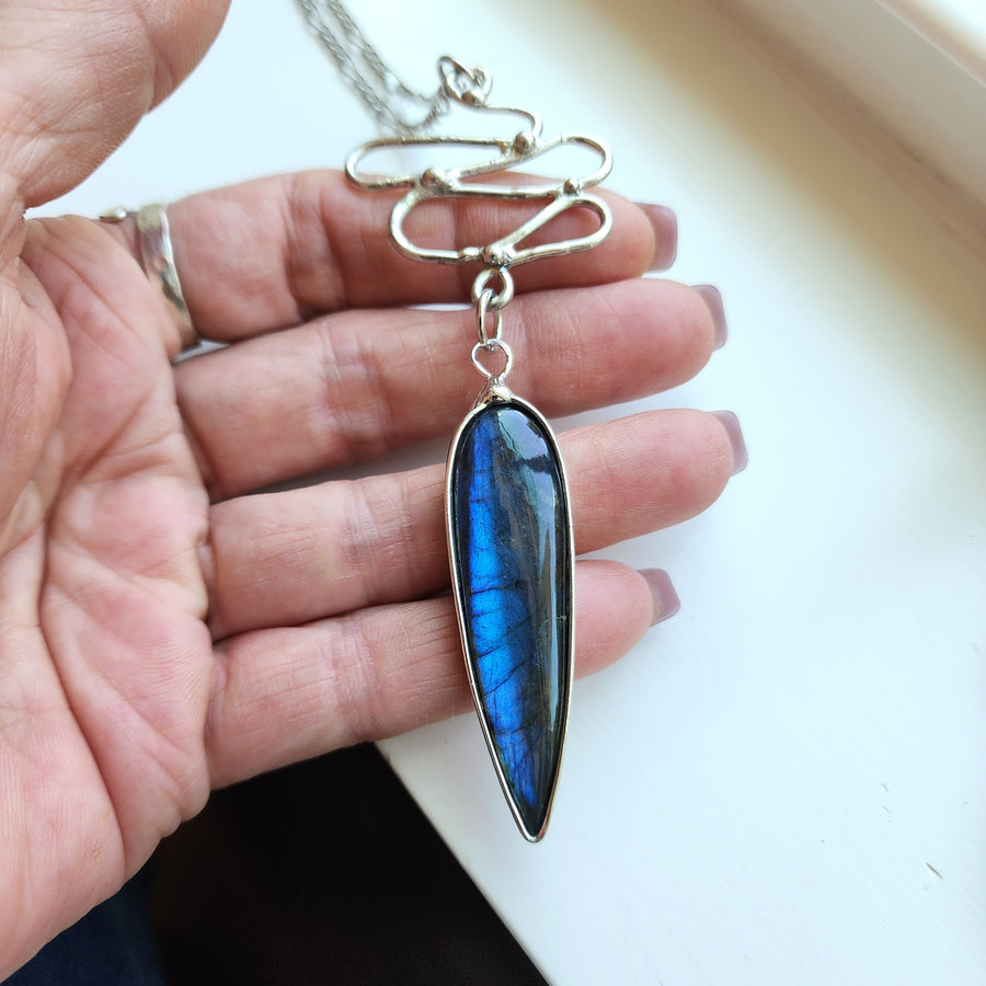 Long Pendant Necklace, Flashy Blue Labradorite, Handcrafted Jewelry