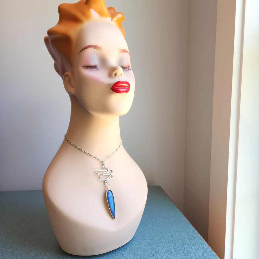 Long Pendant Necklace, Flashy Blue Labradorite, Handcrafted Jewelry