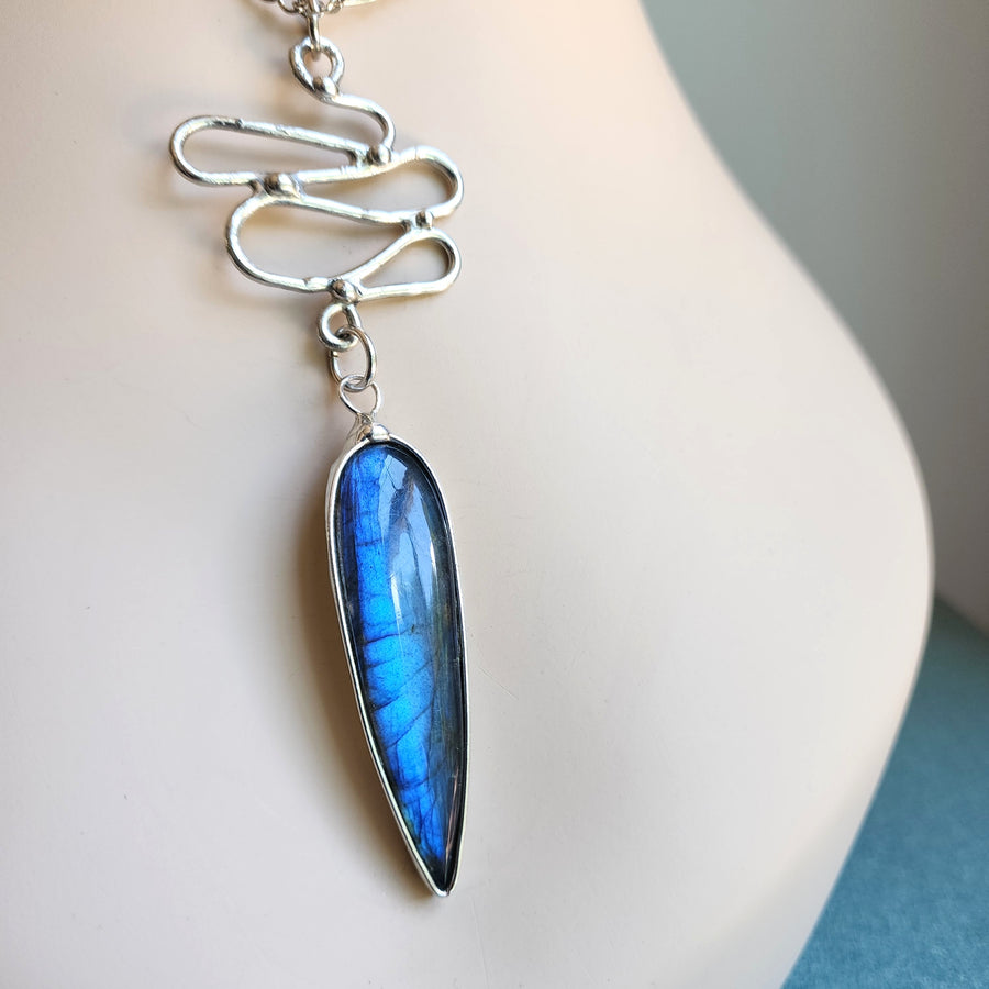 Long Pendant Necklace, Flashy Blue Labradorite, Handcrafted Jewelry