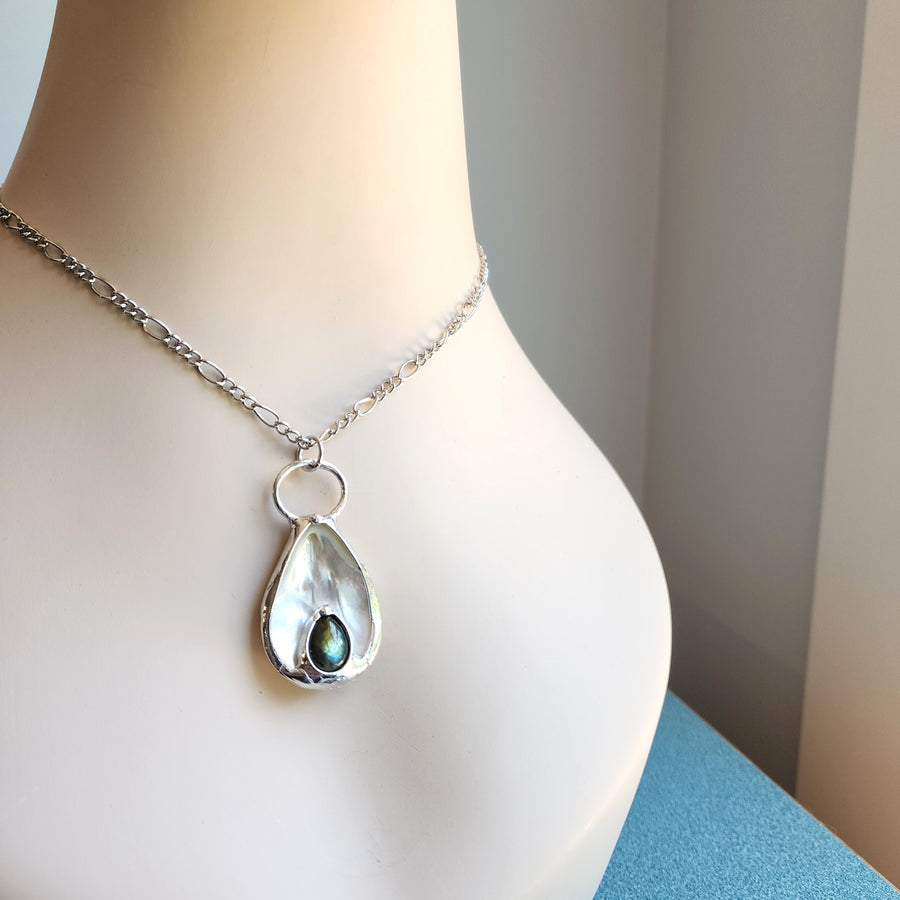 SOLD - Mother of Pearl with Labradorite Inset Pendant Necklace