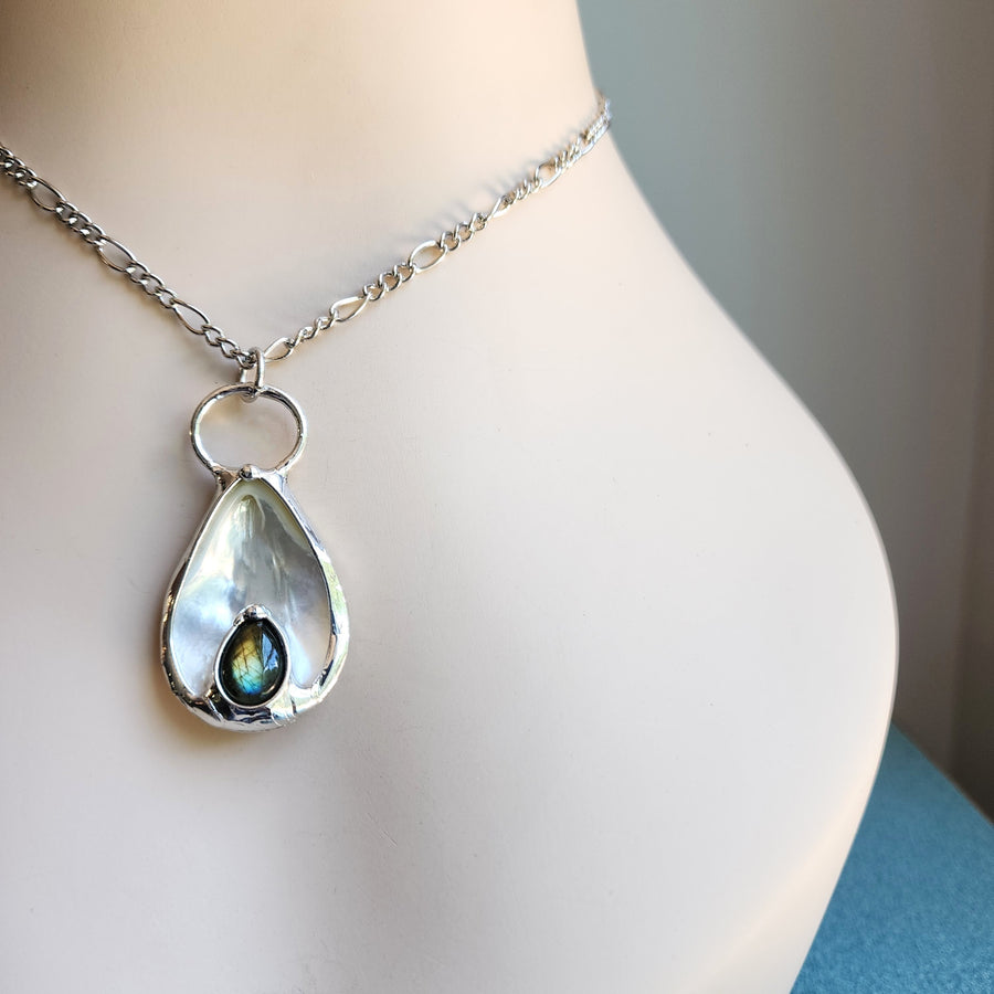 SOLD - Mother of Pearl with Labradorite Inset Pendant Necklace