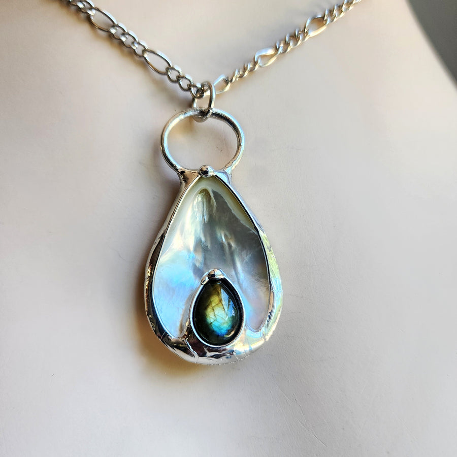 SOLD - Mother of Pearl with Labradorite Inset Pendant Necklace