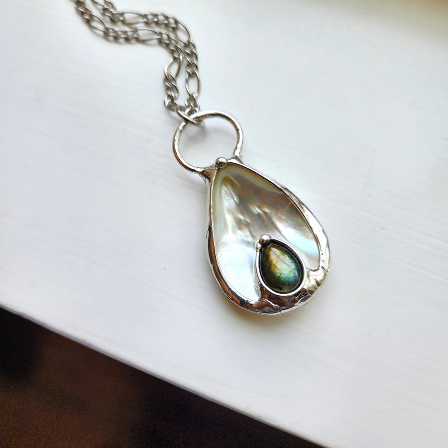SOLD - Mother of Pearl with Labradorite Inset Pendant Necklace