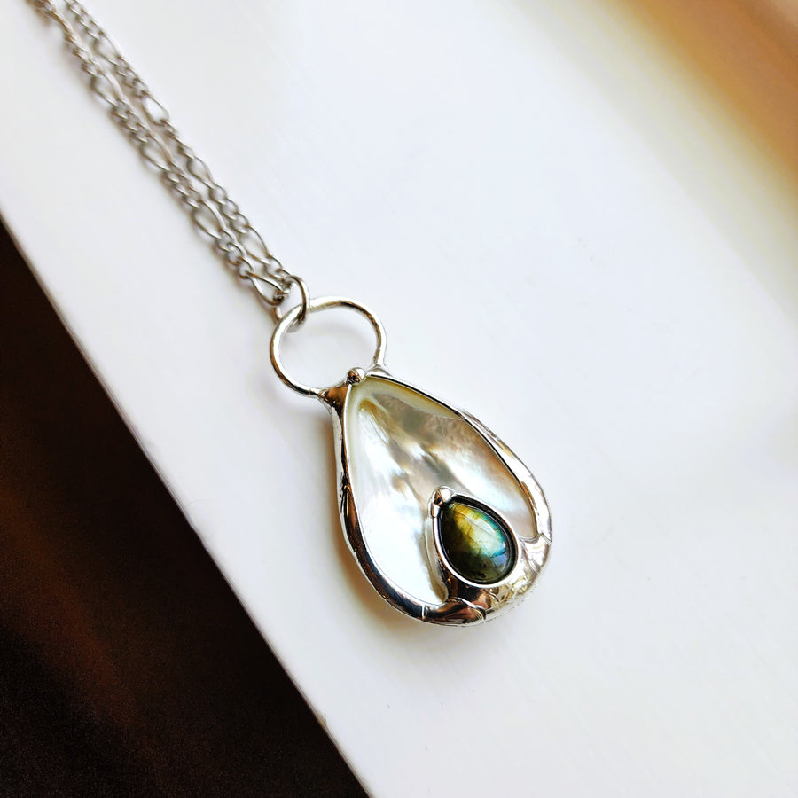 SOLD - Mother of Pearl with Labradorite Inset Pendant Necklace