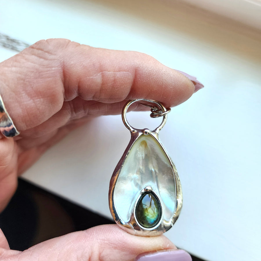 SOLD - Mother of Pearl with Labradorite Inset Pendant Necklace