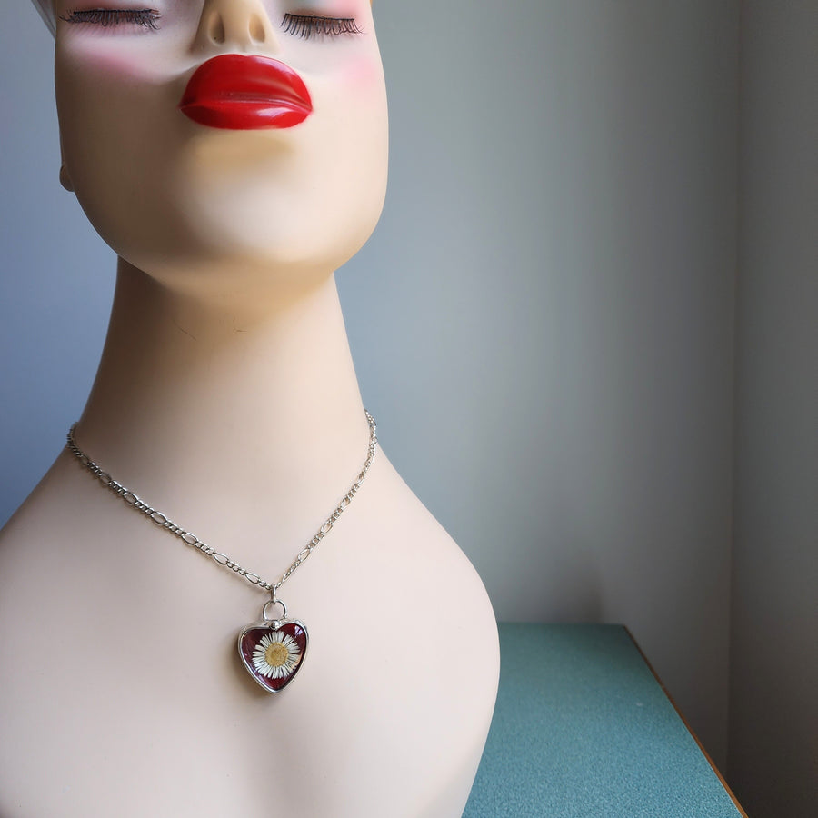 Red Stained Glass Heart Necklace with White Daisy