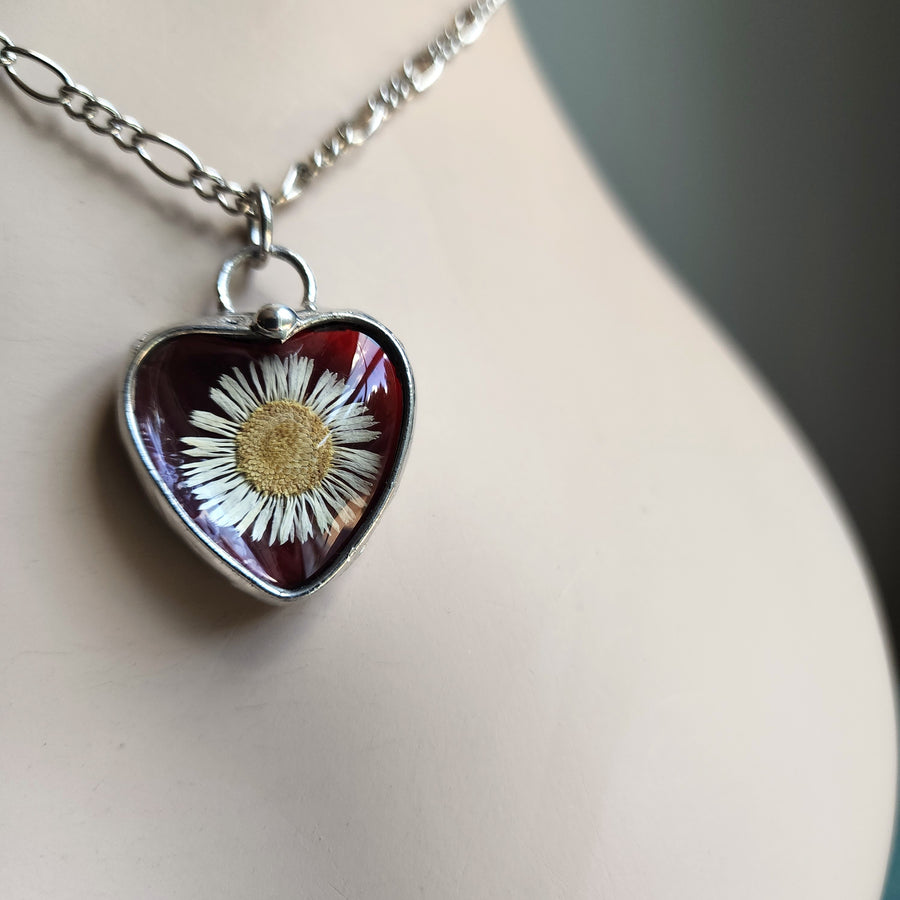 Red Stained Glass Heart Necklace with White Daisy