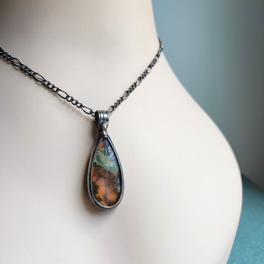 Teardrop Shaped Moss Agate Pendant Necklace