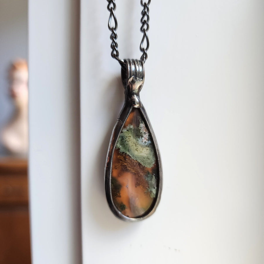 Teardrop Shaped Moss Agate Pendant Necklace