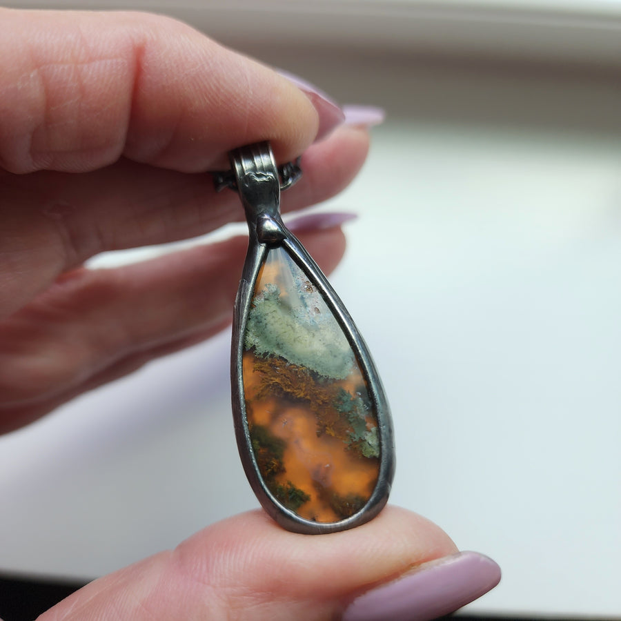 Teardrop Shaped Moss Agate Pendant Necklace