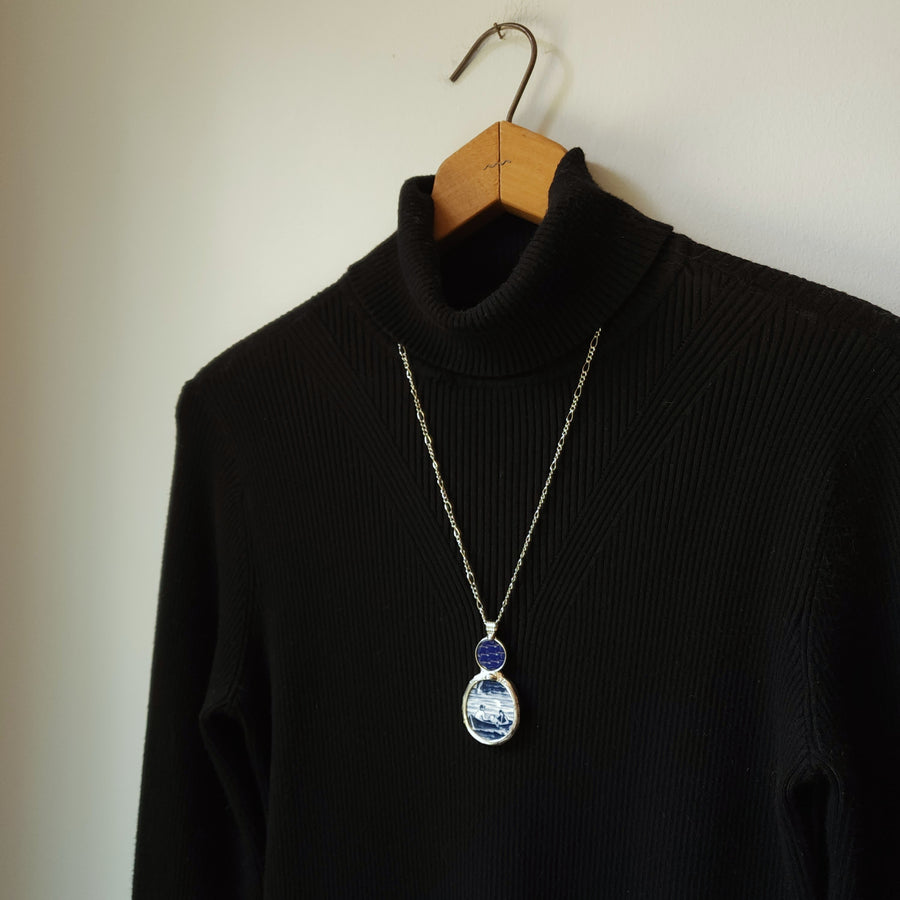 Large Repurposed Broken China Pendant, Men in Boat