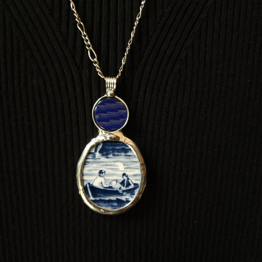 Large Repurposed Broken China Pendant, Men in Boat
