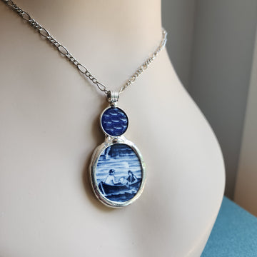 Large Repurposed Broken China Pendant, Men in Boat