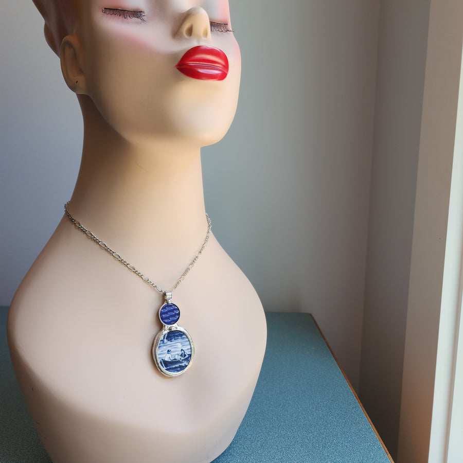 Large Repurposed Broken China Pendant, Men in Boat
