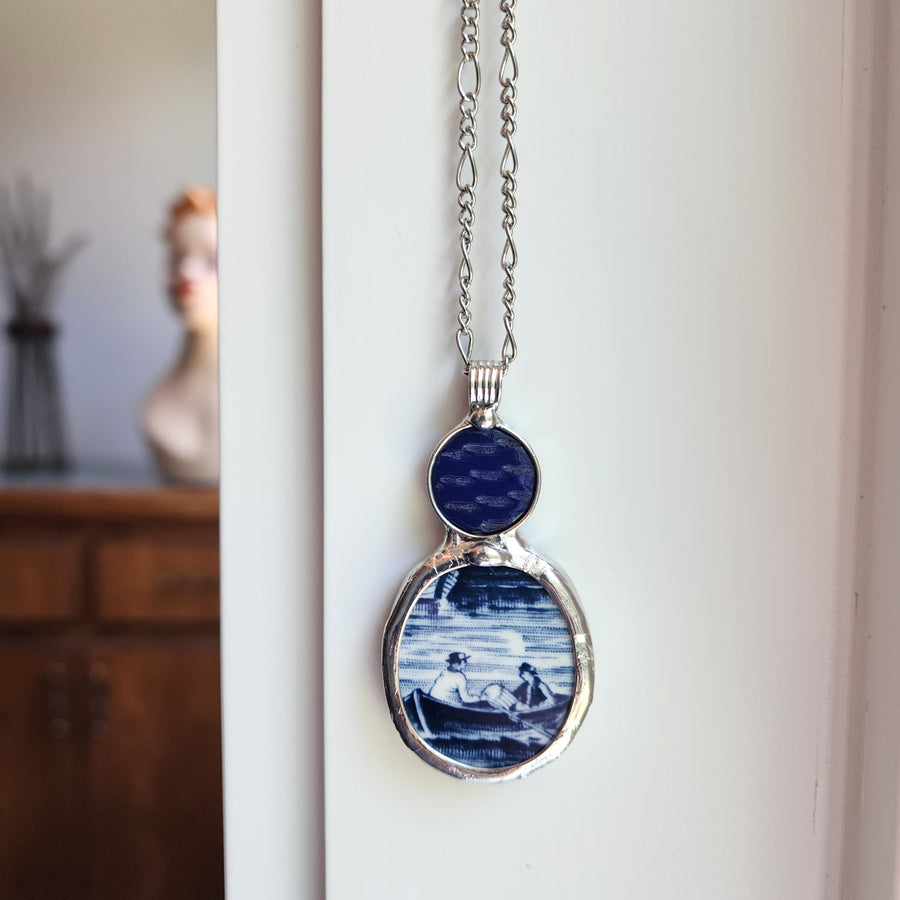 Large Repurposed Broken China Pendant, Men in Boat