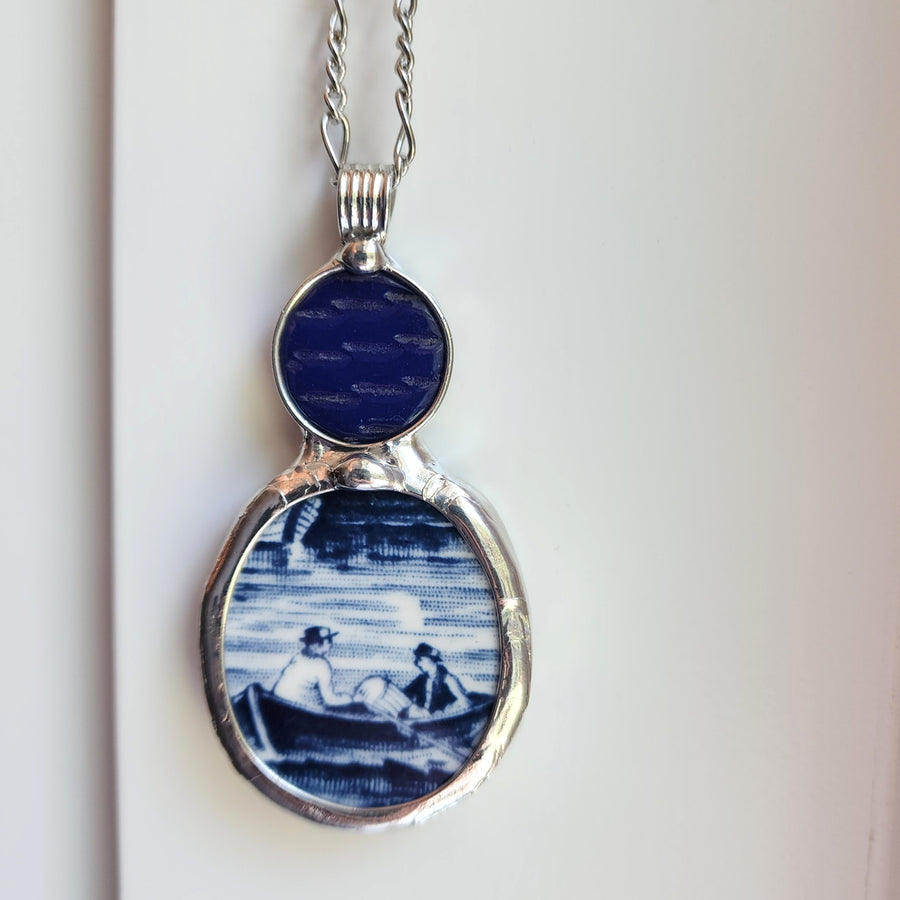 Large Repurposed Broken China Pendant, Men in Boat