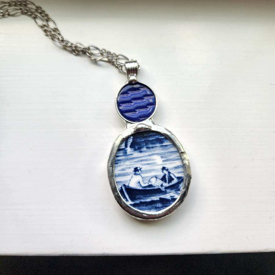 Large Repurposed Broken China Pendant, Men in Boat