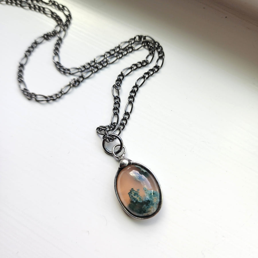 Moss Agate Necklace for Women, Small Oval, Sweet Landscape