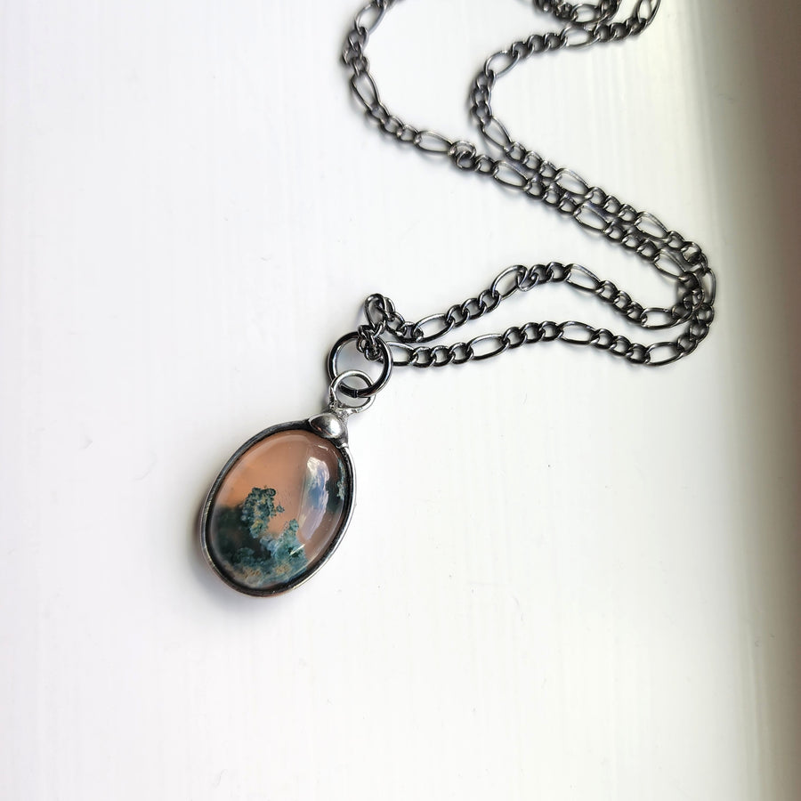 Moss Agate Necklace for Women, Small Oval, Sweet Landscape