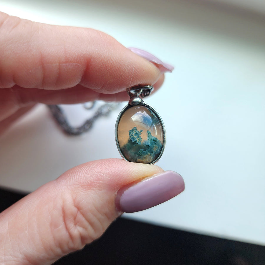 Moss Agate Necklace for Women, Small Oval, Sweet Landscape