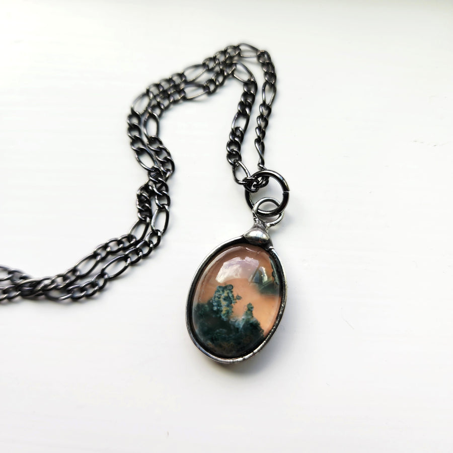 Moss Agate Necklace for Women, Small Oval, Sweet Landscape