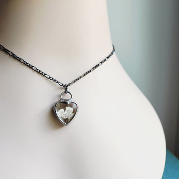 Real Pressed Bridal Wreath in Small Glass Heart Pendant Necklace