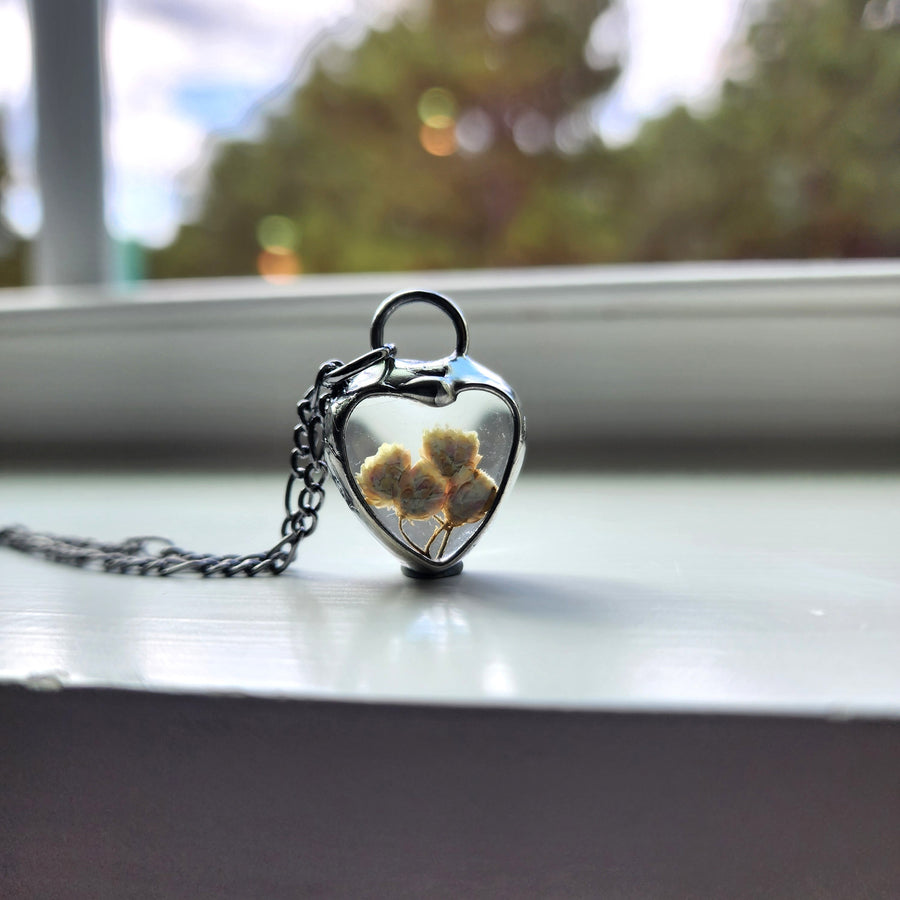Real Pressed Bridal Wreath in Small Glass Heart Pendant Necklace
