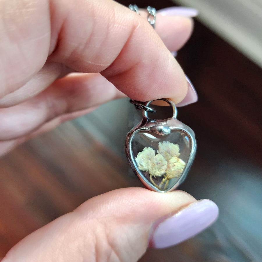 Real Pressed Bridal Wreath in Small Glass Heart Pendant Necklace