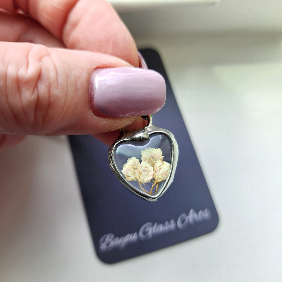 Real Pressed Bridal Wreath in Small Glass Heart Pendant Necklace