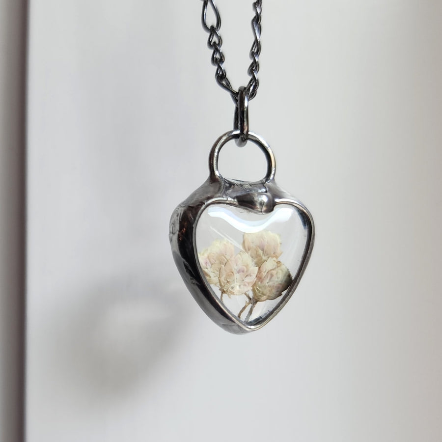 Real Pressed Bridal Wreath in Small Glass Heart Pendant Necklace
