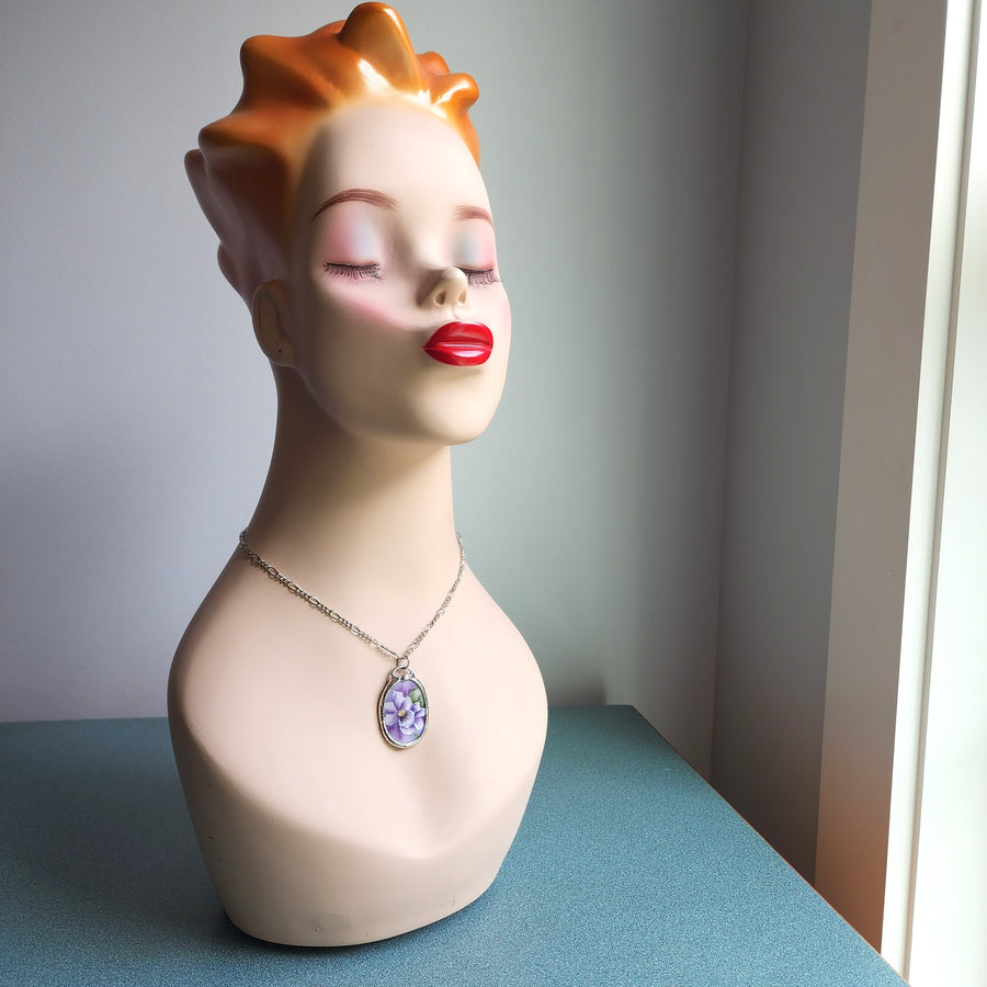 Hand Painted Wild Violet Pendant, Repurposed China Jewelry