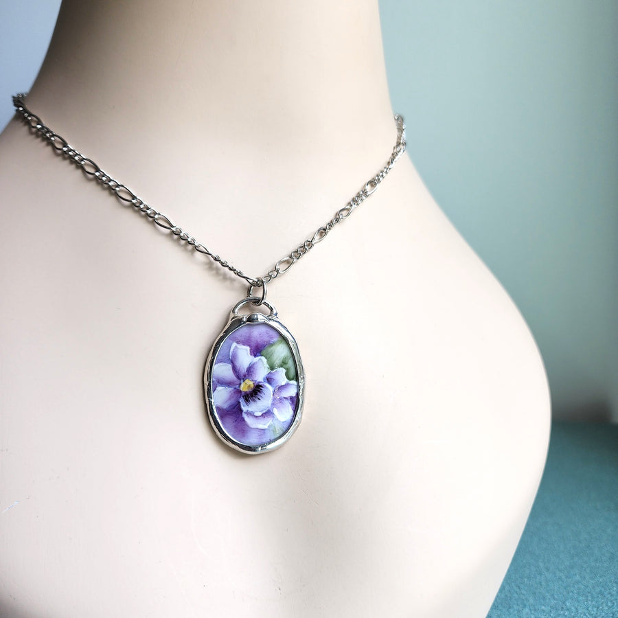 Hand Painted Wild Violet Pendant, Repurposed China Jewelry
