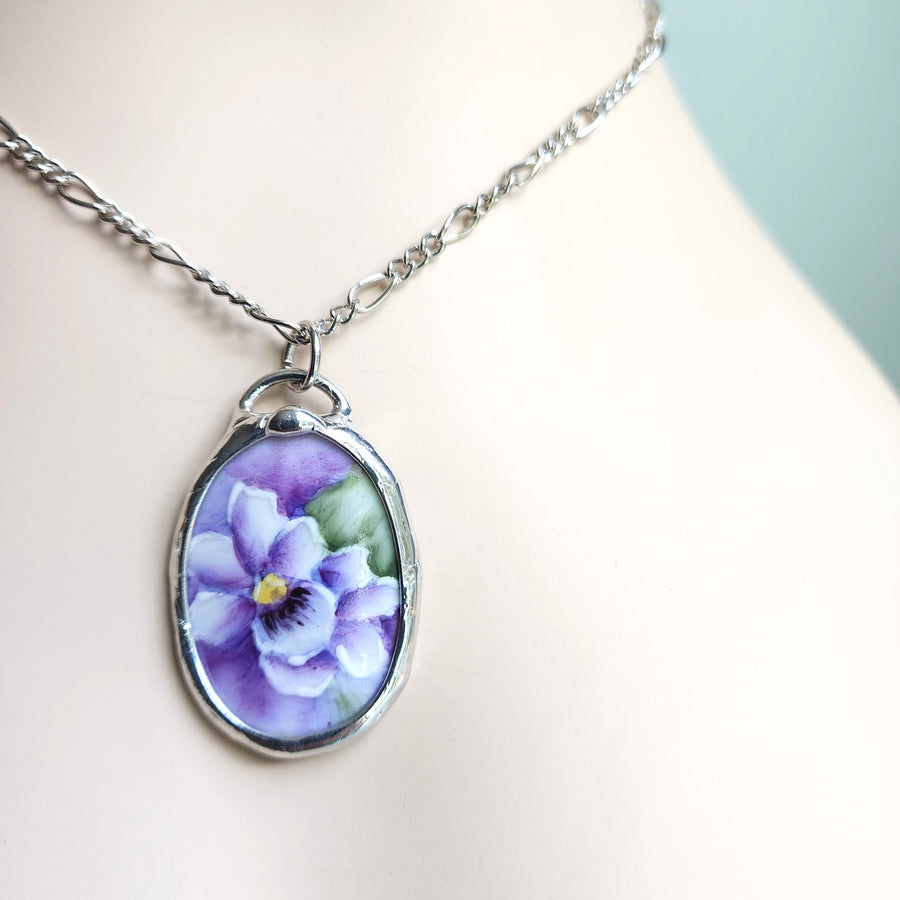 Hand Painted Wild Violet Pendant, Repurposed China Jewelry