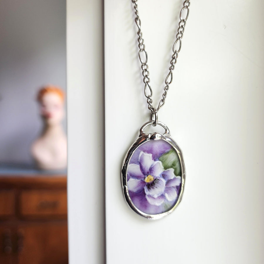 Hand Painted Wild Violet Pendant, Repurposed China Jewelry