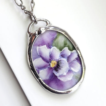 Hand Painted Wild Violet Pendant, Repurposed China Jewelry