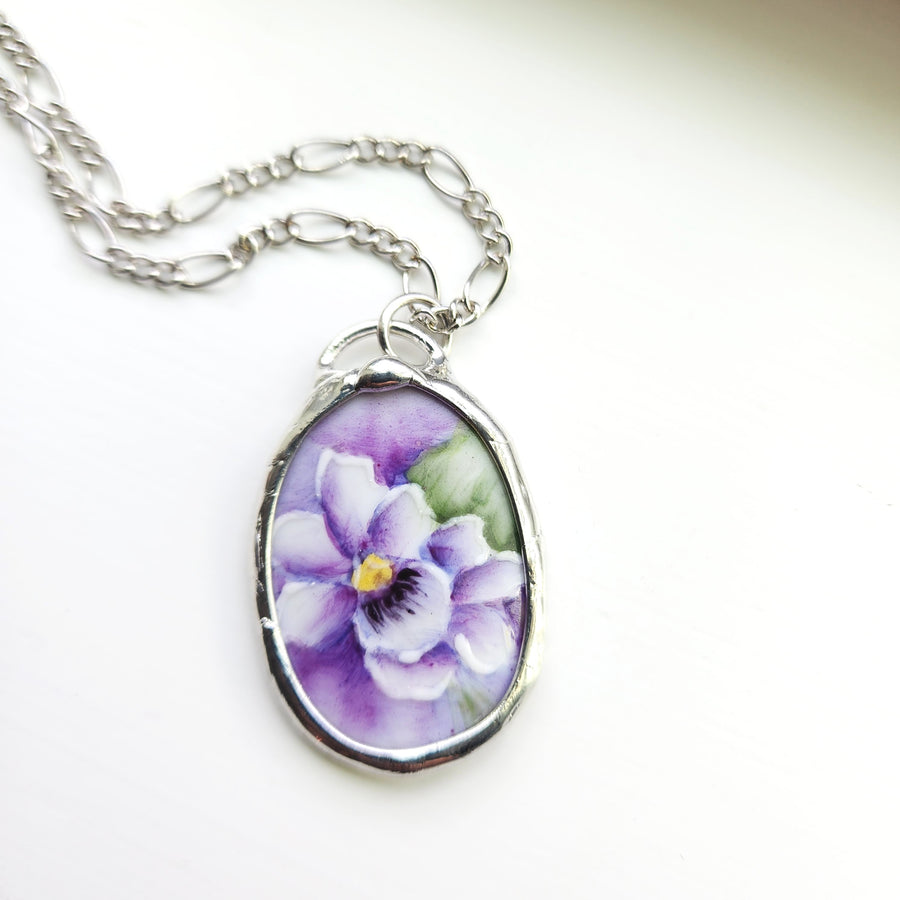 Hand Painted Wild Violet Pendant, Repurposed China Jewelry