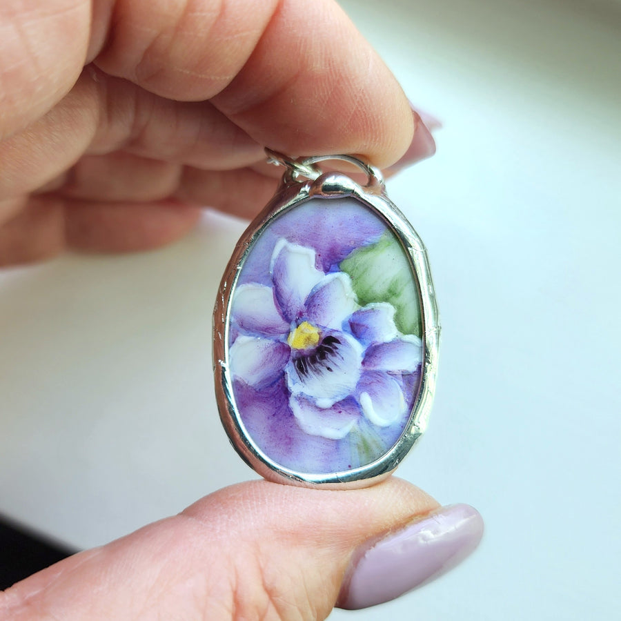 Hand Painted Wild Violet Pendant, Repurposed China Jewelry