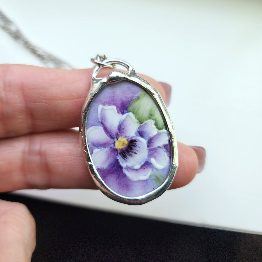 Hand Painted Wild Violet Pendant, Repurposed China Jewelry