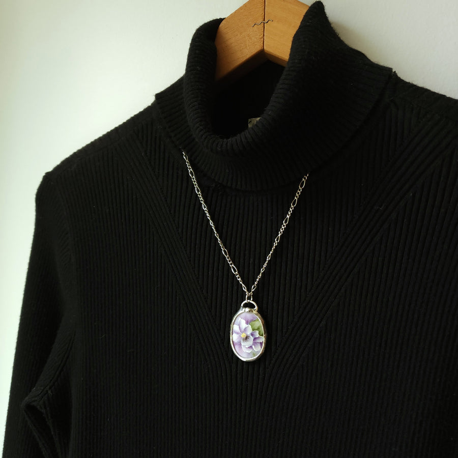 Hand Painted Wild Violet Pendant, Repurposed China Jewelry
