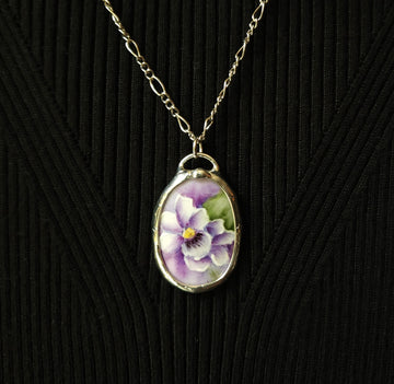 Hand Painted Wild Violet Pendant, Repurposed China Jewelry