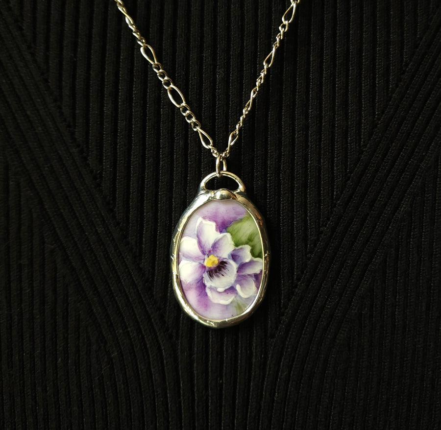Hand Painted Wild Violet Pendant, Repurposed China Jewelry