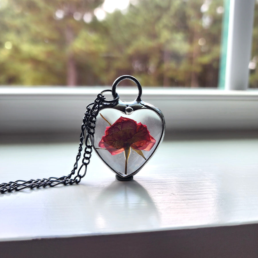 Real Rose in Large Glass Heart Pendant Necklace
