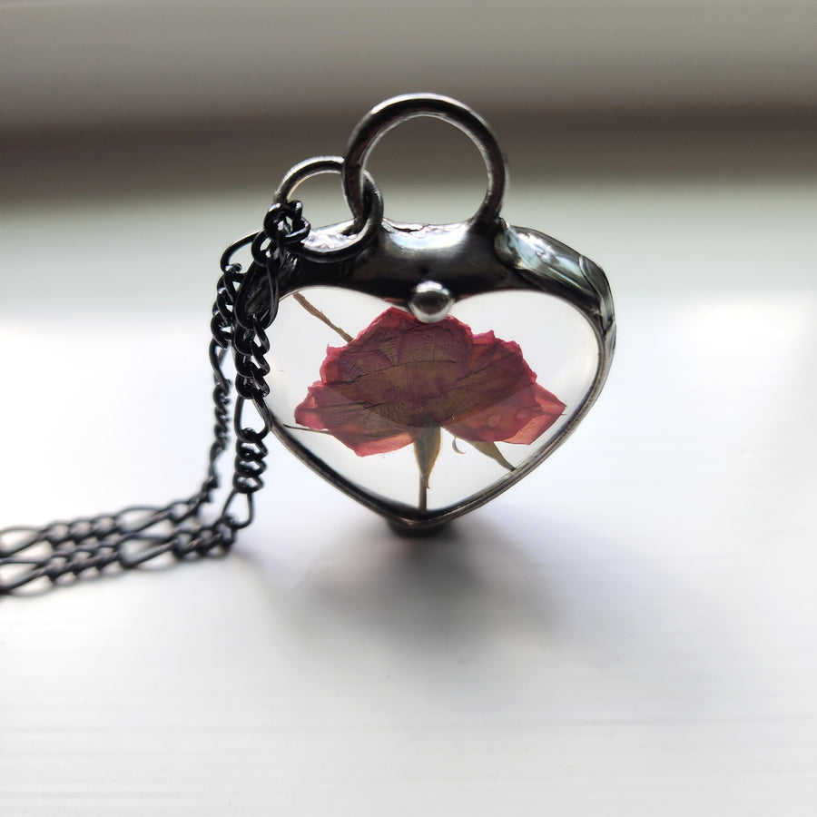 Real Rose in Large Glass Heart Pendant Necklace