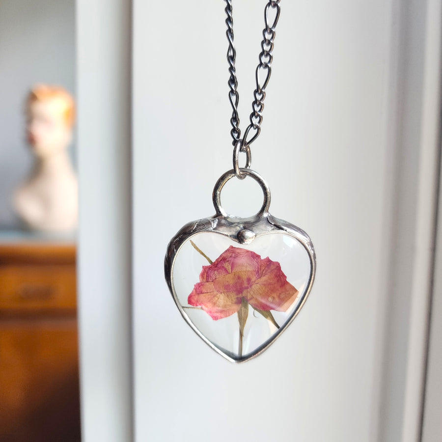 Real Rose in Large Glass Heart Pendant Necklace