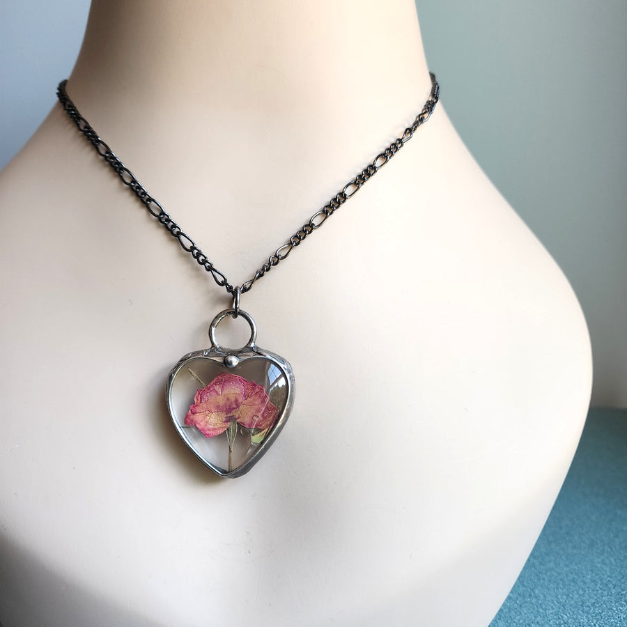 Real Rose in Large Glass Heart Pendant Necklace