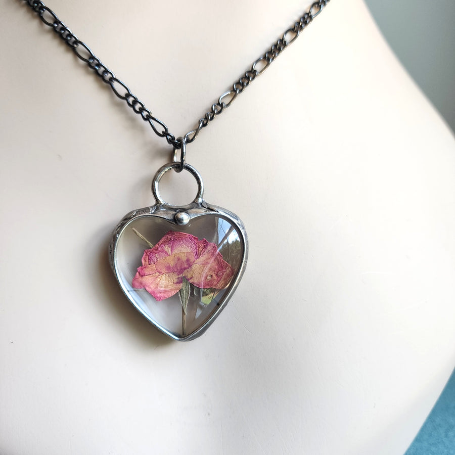 Real Rose in Large Glass Heart Pendant Necklace