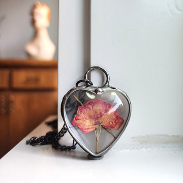 Real Rose in Large Glass Heart Pendant Necklace