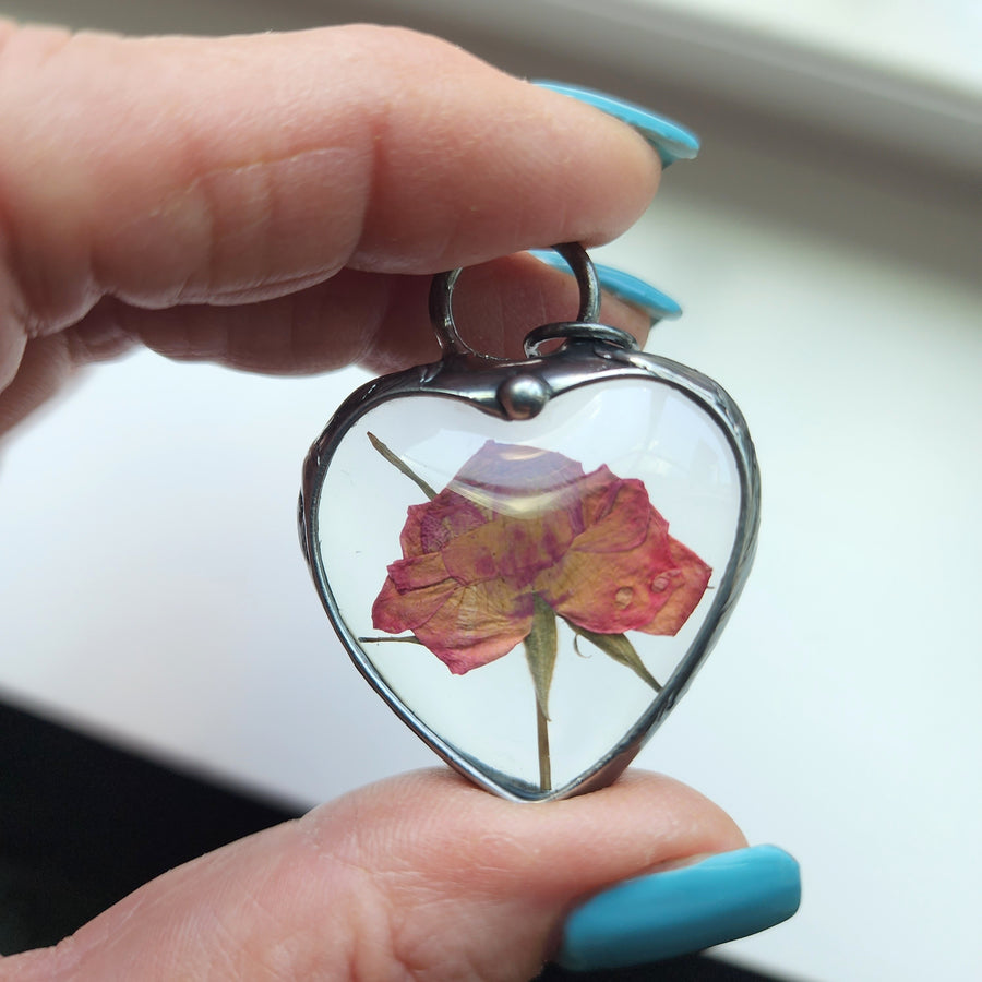 Real Rose in Large Glass Heart Pendant Necklace