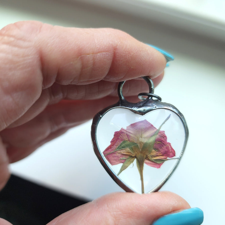 Real Rose in Large Glass Heart Pendant Necklace
