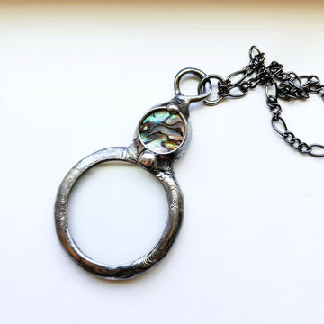 Glass Magnifying Glass Pendant, Abalone Inset, New Smaller Size